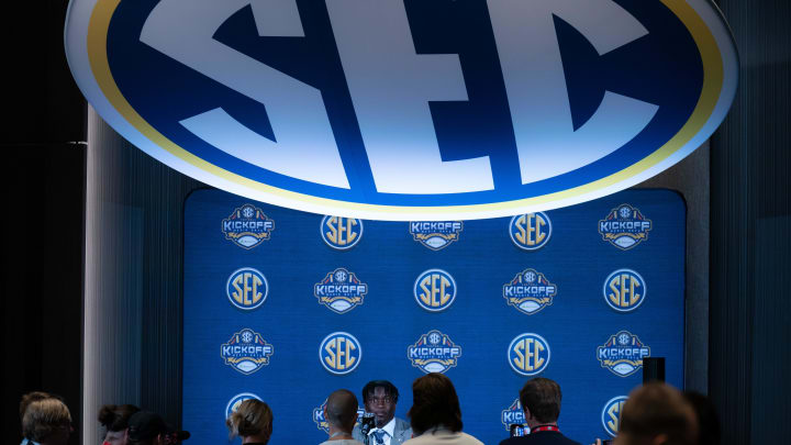 Georgia's Kamari Lassiter participates in the 2023 SEC Football Kickoff Media Days at the Nashville Grand Hyatt on Broadway, Tuesday, July 18, 2023.