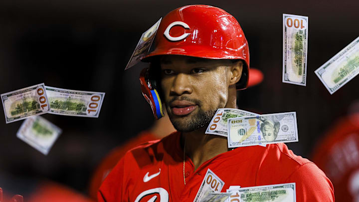 Jun 3, 2025; Cincinnati, Ohio, USA; Cincinnati Reds outfielder Will Benson (30) celebrates with teammates after hitting a solo home run in the eighth inning against the Milwaukee Brewers at Great American Ball Park. Mandatory Credit: Katie Stratman-Imagn Images