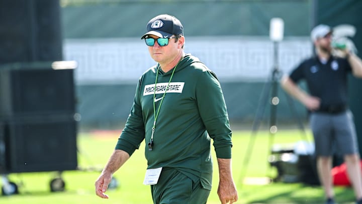 Michigan State football head coach Jonathan Smith looks on during practice on Monday, Aug. 11, 2025, in East Lansing.