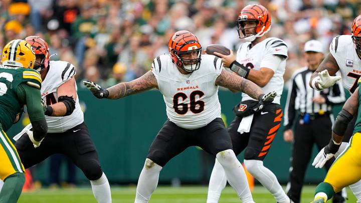 Oct 12, 2025; Green Bay, Wisconsin, USA; Cincinnati Bengals guard Dalton Risner (66) during the game against the Green Bay Packers at Lambeau Field. Mandatory Credit: Jeff Hanisch-Imagn Images Oct 12, 2025; Green Bay, Wisconsin, USA; Cincinnati Bengals guard Dalton Risner (66) during the game against the Green Bay Packers at Lambeau Field. Mandatory Credit: Jeff Hanisch-Imagn Images