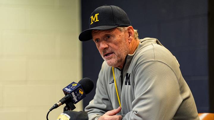 Michigan head coach Kyle Whittingham speaks to media after the spring game at Michigan Stadium in Ann Arbor on Saturday, April 18, 2026. Michigan head coach Kyle Whittingham speaks to media after the spring game at Michigan Stadium in Ann Arbor on Saturday, April 18, 2026.