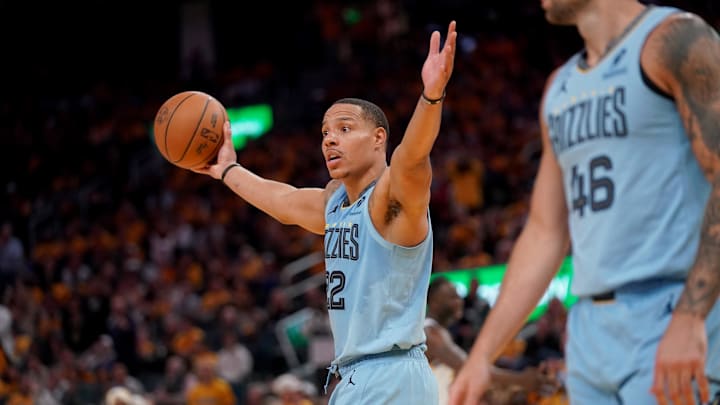 Apr 15, 2025; San Francisco, California, USA; Memphis Grizzlies guard Desmond Bane (22) reacts after the Grizzlies were called for a foul against the Golden State Warriors in the third quarter at the Chase Center. Mandatory Credit: Cary Edmondson-Imagn Images