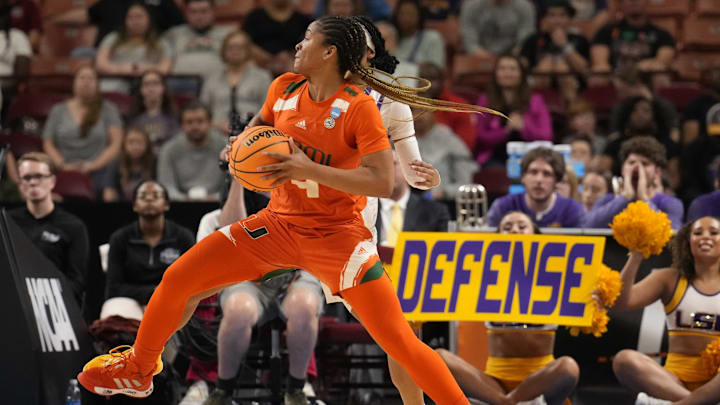 Mar 26, 2023; Greenville, SC, USA; Miami Hurricanes guard Jasmyne Roberts (4) steps towards the basket against LSU Lady Tigers guard Alexis Morris (45) during the NCAA Women s Tournament at Bon Secours Wellness Arena. Mandatory Credit: Jim Dedmon-Imagn Images Mar 26, 2023; Greenville, SC, USA; Miami Hurricanes guard Jasmyne Roberts (4) steps towards the basket against LSU Lady Tigers guard Alexis Morris (45) during the NCAA Women s Tournament at Bon Secours Wellness Arena. Mandatory Credit: Jim Dedmon-Imagn Images