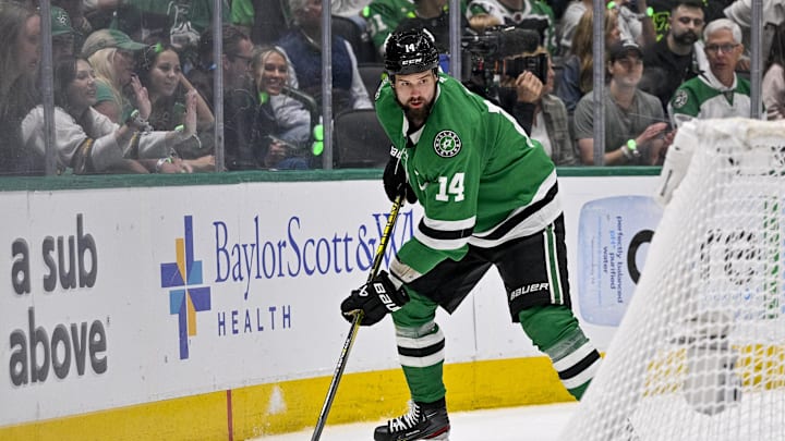 May 29, 2025; Dallas, Texas, USA; Dallas Stars left wing Jamie Benn (14) in action during the game between the Dallas Stars and the Edmonton Oilers in game five of the Western Conference Final of the 2025 Stanley Cup Playoffs at American Airlines Center. Mandatory Credit: Jerome Miron-Imagn Images