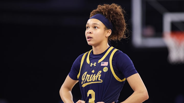 Mar 7, 2026; Duluth, GA, USA; Notre Dame Fighting Irish guard Hannah Hidalgo (3) in action against the Duke Blue Devils in the fourth quarter at Gas South Arena. Mandatory Credit: Brett Davis-Imagn Images
Mar 7, 2026; Duluth, GA, USA; Notre Dame Fighting Irish guard Hannah Hidalgo (3) in action against the Duke Blue Devils in the fourth quarter at Gas South Arena. Mandatory Credit: Brett Davis-Imagn Images