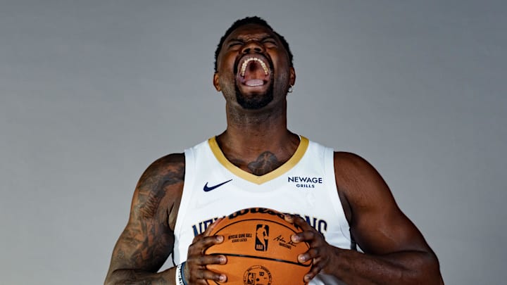 Sep 23, 2025; Metairie, LA, USA;  New Orleans Pelicans forward Zion Williamson (1) takes part in media day at Ochsner Sports Performance Center. Mandatory Credit: Matthew Hinton-Imagn Images