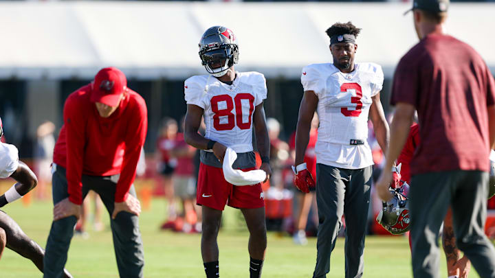 Aug 8, 2023; Tampa, FL, USA;  Tampa Bay Buccaneers wide receiver Kaylon Geiger (80) and wide receiver Russell Gage (3) participate in training camp at AdventHealth Training Center. Mandatory Credit: Nathan Ray Seebeck-Imagn Images