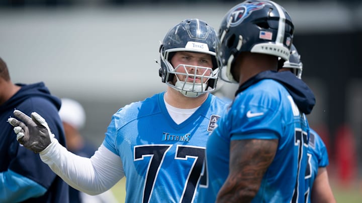 Tennessee Titans offensive lineman Peter Skoronski during OTAs at Ascension Saint Thomas Sports Park.