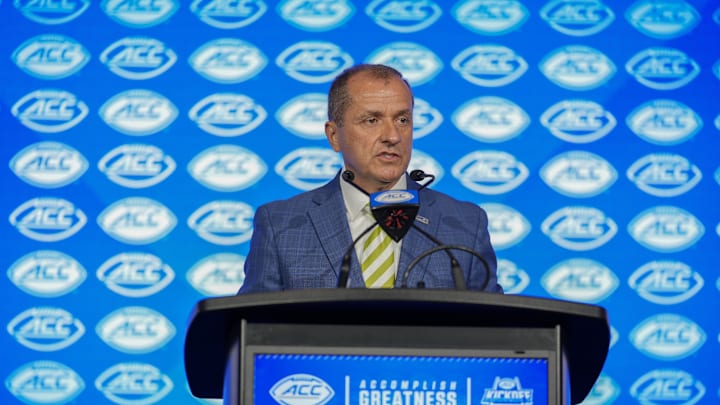 Jul 22, 2025; Charlotte, NC, USA; ACC commissioner Jim Phillips speaks to the media during ACC Media Days at Hilton Charlotte Uptown. Mandatory Credit: Jim Dedmon-Imagn Images Jul 22, 2025; Charlotte, NC, USA; ACC commissioner Jim Phillips speaks to the media during ACC Media Days at Hilton Charlotte Uptown. Mandatory Credit: Jim Dedmon-Imagn Images