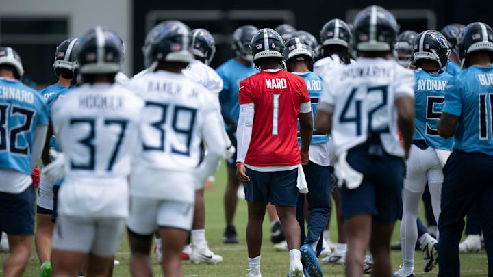 Tennessee Titans quarterback Cam Ward (1) runs through drills during OTAs at Ascension Saint Thomas Sports Park in Nashville, Tenn., Wednesday, May 28, 2025.