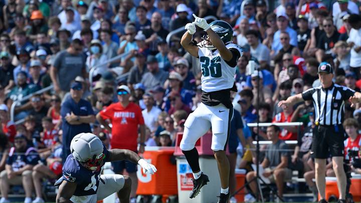 Aug 19, 2026; Foxborough, Massachusetts, USA; Philadelphia Eagles safety Maximus Pulley (36) reacts after breaking up a pass to New England Patriots fullback Reggie Gilliam (44) during training camp at Gillette Stadium. Mandatory Credit: Eric Canha-Imagn Images Aug 19, 2026; Foxborough, Massachusetts, USA; Philadelphia Eagles safety Maximus Pulley (36) reacts after breaking up a pass to New England Patriots fullback Reggie Gilliam (44) during training camp at Gillette Stadium. Mandatory Credit: Eric Canha-Imagn Images