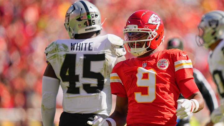 Kansas City Chiefs wide receiver Juju Smith-Schuster (9) reacts after a play against the Las Vegas Raiders during the second quarter of the game at GEHA Field at Arrowhead Stadium.