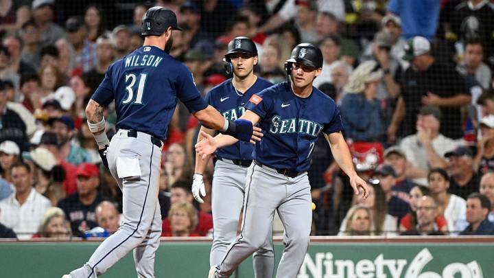 Aug 31, 2026; Boston, Massachusetts, USA; Seattle Mariners third baseman Weston Wilson (31) high-fives second baseman Cole Young (2) after scoring a run against the Boston Red Sox during the sixth inning at Fenway Park. Mandatory Credit: Brian Fluharty-Imagn Images Aug 31, 2026; Boston, Massachusetts, USA; Seattle Mariners third baseman Weston Wilson (31) high-fives second baseman Cole Young (2) after scoring a run against the Boston Red Sox during the sixth inning at Fenway Park. Mandatory Credit: Brian Fluharty-Imagn Images