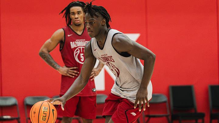 Arkansas Razorbacks freshman wing Abdou Toure during drills inside the Martin Family Basketball Performance Facility on Monday, July 27, 2026. Arkansas Razorbacks freshman wing Abdou Toure during drills inside the Martin Family Basketball Performance Facility on Monday, July 27, 2026.