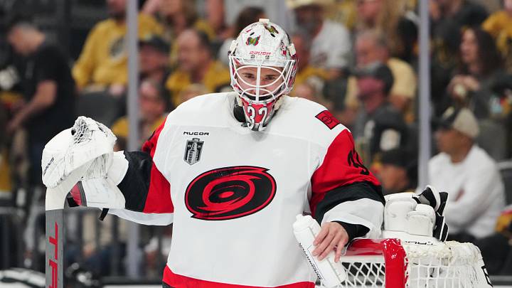 Jun 6, 2026; Las Vegas, Nevada, USA; Carolina Hurricanes goaltender Brandon Bussi (32) looks on during the third period against the Vegas Golden Knights in game three of the 2026 Stanley Cup Final at T-Mobile Arena. Mandatory Credit: Stephen R. Sylvanie-Imagn Images Jun 6, 2026; Las Vegas, Nevada, USA; Carolina Hurricanes goaltender Brandon Bussi (32) looks on during the third period against the Vegas Golden Knights in game three of the 2026 Stanley Cup Final at T-Mobile Arena. Mandatory Credit: Stephen R. Sylvanie-Imagn Images