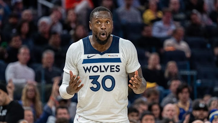 Dec 6, 2024; San Francisco, California, USA; Minnesota Timberwolves forward Julius Randle (30) reacts after being called for a foul against Golden State Warriors guard Stephen Curry (not pictured) during the third quarter at Chase Center. Mandatory Credit: Neville E. Guard-Imagn Images