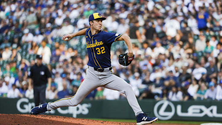 Jul 22, 2025; Seattle, Washington, USA; Milwaukee Brewers starting pitcher Jacob Misiorowski (32) throws against the Seattle Mariners during the third inning at T-Mobile Park. Mandatory Credit: Joe Nicholson-Imagn Images