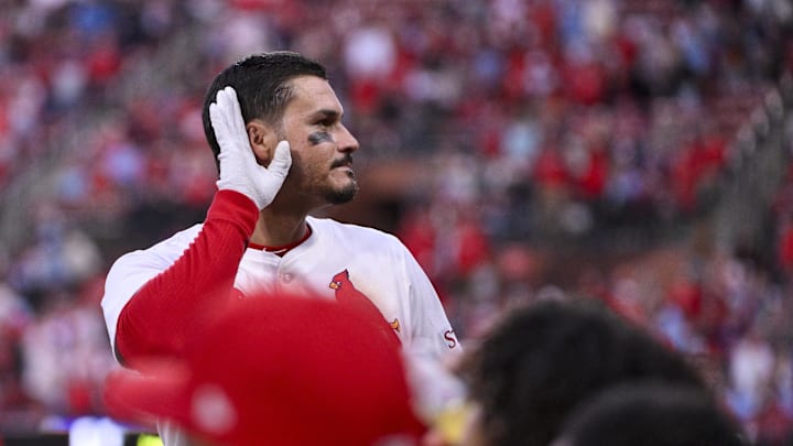 Mar 27, 2025; St. Louis, Missouri, USA;  St. Louis Cardinals third baseman Nolan Arenado (28) reacts as he receives a curtain call after hitting a solo home run against the Minnesota Twins during the eighth inning at Busch Stadium. Mandatory Credit: Jeff Curry-Imagn Images