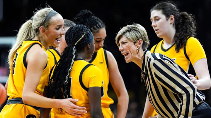 Iowa head coach Jan Jensen talks to her team in a timeout during a basketball game against the Ohio State Buckeyes Jan. 25, 2026 at Carver-Hawkeye Arena in Iowa City, Iowa.
