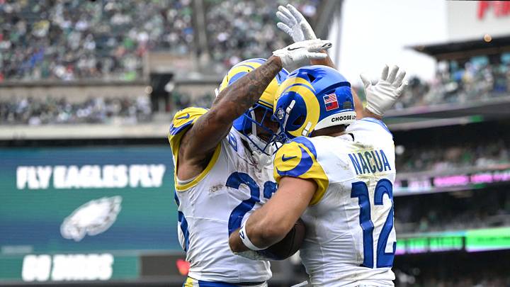 Oct 4, 2026; Philadelphia, Pennsylvania, USA; Los Angeles Rams wide receiver Puka Nacua (12) celebrates with running back Kyren Williams (23) after running for a two-yard touchdown against the Philadelphia Eagles during the second quarter at Lincoln Financial Field. Mandatory Credit: Eric Hartline-Imagn Images Oct 4, 2026; Philadelphia, Pennsylvania, USA; Los Angeles Rams wide receiver Puka Nacua (12) celebrates with running back Kyren Williams (23) after running for a two-yard touchdown against the Philadelphia Eagles during the second quarter at Lincoln Financial Field. Mandatory Credit: Eric Hartline-Imagn Images