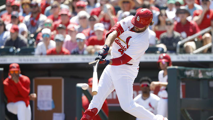 Mar 18, 2025; Jupiter, Florida, USA; St. Louis Cardinals designated hitter Alec Burleson (41) at bat against the Miami Marlins during the first inning at Roger Dean Chevrolet Stadium. Mandatory Credit: Rhona Wise-Imagn Images Mar 18, 2025; Jupiter, Florida, USA; St. Louis Cardinals designated hitter Alec Burleson (41) at bat against the Miami Marlins during the first inning at Roger Dean Chevrolet Stadium. Mandatory Credit: Rhona Wise-Imagn Images