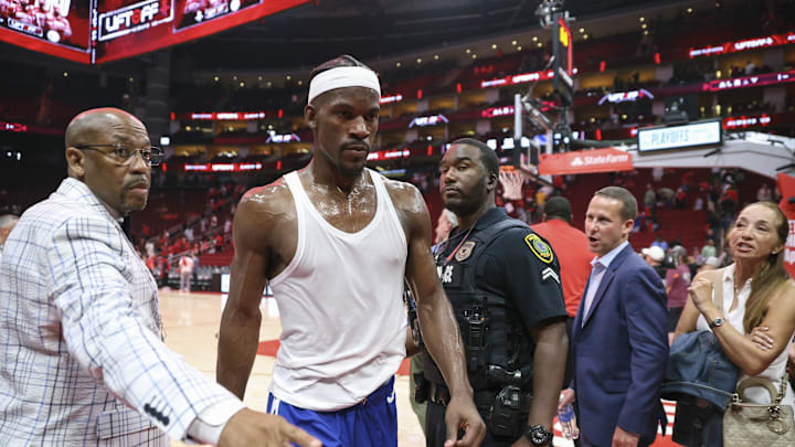 Apr 20, 2025; Houston, Texas, USA; Golden State Warriors forward Jimmy Butler III (10) walks off the court after the game against the Houston Rockets at Toyota Center. Mandatory Credit: Troy Taormina-Imagn Images