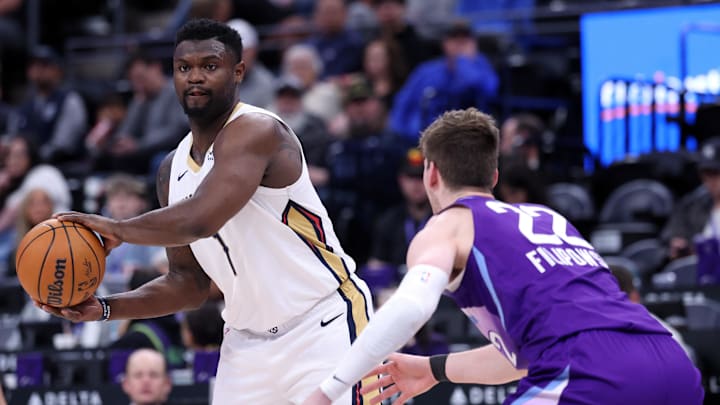 Mar 2, 2025; Salt Lake City, Utah, USA; New Orleans Pelicans forward Zion Williamson (1) looks to pass against Utah Jazz forward Kyle Filipowski (22) during the second half at Delta Center. Mandatory Credit: Rob Gray-Imagn Images Mar 2, 2025; Salt Lake City, Utah, USA; New Orleans Pelicans forward Zion Williamson (1) looks to pass against Utah Jazz forward Kyle Filipowski (22) during the second half at Delta Center. Mandatory Credit: Rob Gray-Imagn Images