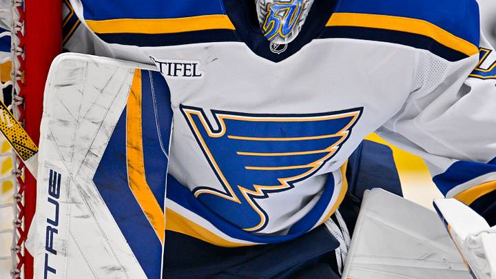 Mar 2, 2025; Dallas, Texas, USA; A view of the logo on the jersey of St. Louis Blues goaltender Jordan Binnington (50) during the game between the Dallas Stars and the St. Louis Blues at the American Airlines Center. Mandatory Credit: Jerome Miron-Imagn Images