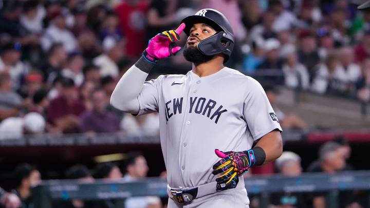 Sep 20, 2026; Phoenix, Arizona, USA;  New York Yankees left fielder Heliot Ramos (34) celebrates his home run during the third inning during the game against  Arizona Diamondbacks at Chase Field. Mandatory Credit: Arianna Grainey-Imagn Images
