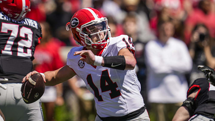 Apr 13, 2024; Athens, GA, USA; Georgia Bulldogs quarterback Gunner Stockton (14) passes the ball during the G-Day Game at Sanford Stadium. Mandatory Credit: Dale Zanine-Imagn Images