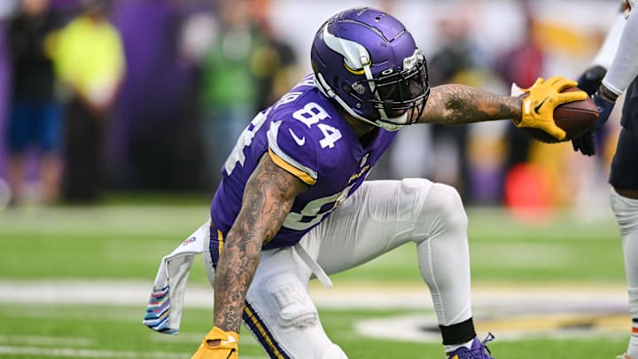 Oct 9, 2022; Minneapolis, Minnesota, USA; Minnesota Vikings tight end Irv Smith Jr. (84) in action