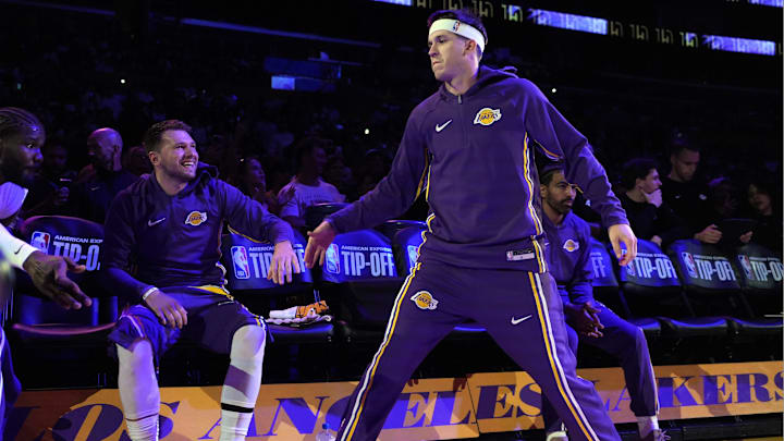 Oct 24, 2025; Los Angeles, California, USA; Los Angeles Lakers guard Luka Doncic (left) and guard Austin Reaves (15) interact before the game against the Minnesota Timberwolves at Crypto.com Arena. Oct 24, 2025; Los Angeles, California, USA; Los Angeles Lakers guard Luka Doncic (left) and guard Austin Reaves (15) interact before the game against the Minnesota Timberwolves at Crypto.com Arena.