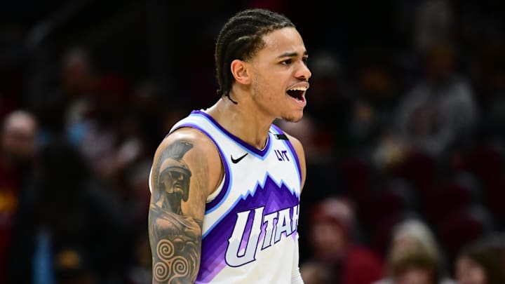 Jan 12, 2026; Cleveland, Ohio, USA; Utah Jazz guard Keyonte George (3) reacts after the game against the Cleveland Cavaliers at Rocket Arena. Mandatory Credit: Ken Blaze-Imagn Images Jan 12, 2026; Cleveland, Ohio, USA; Utah Jazz guard Keyonte George (3) reacts after the game against the Cleveland Cavaliers at Rocket Arena. Mandatory Credit: Ken Blaze-Imagn Images