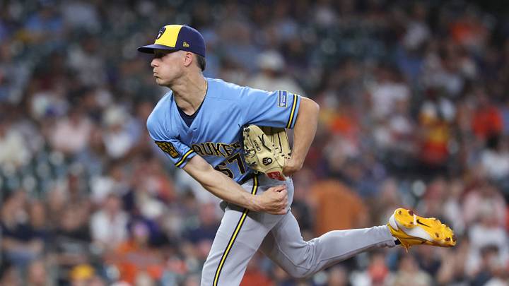 May 29, 2026; Houston, Texas, USA; Milwaukee Brewers starting pitcher Coleman Crow (57) delivers a pitch during the first inning against the Houston Astros at Daikin Park. Mandatory Credit: Troy Taormina-Imagn Images