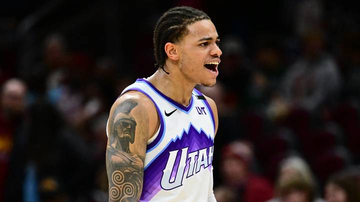 Jan 12, 2026; Cleveland, Ohio, USA; Utah Jazz guard Keyonte George (3) reacts after the game against the Cleveland Cavaliers at Rocket Arena. Mandatory Credit: Ken Blaze-Imagn Images