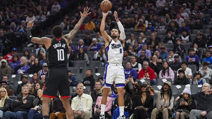 Jan 11, 2026; Sacramento, California, USA; Sacramento Kings guard Zach LaVine (8) shoots a three point basket during the first quarter against the Houston Rockets at Golden 1 Center. Mandatory Credit: Justine Willard-Imagn Images
