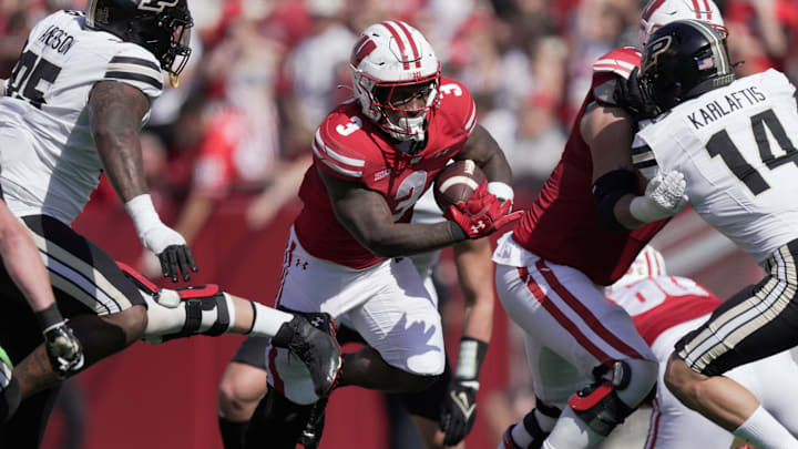Wisconsin running back Tawee Walker (3) finds a hole during the second quarter of their game against Purdue Saturday, October 5, 2024 at Camp Randall Stadium in Madison, Wisconsin.