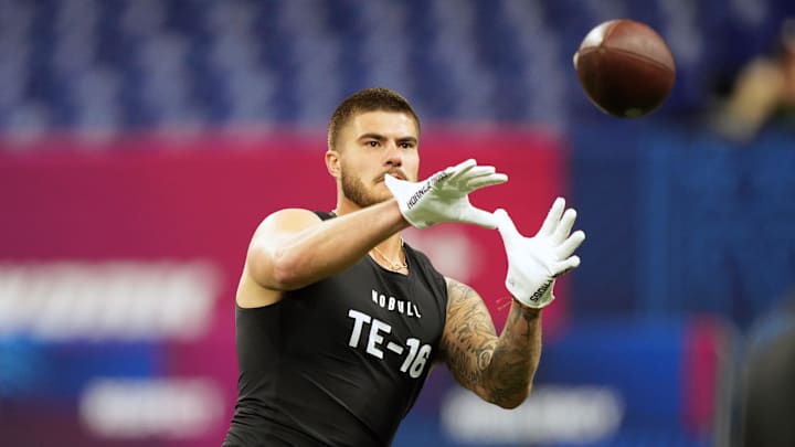 Mar 1, 2024; Indianapolis, IN, USA; Texas Christian tight end Jared Wiley (TE16) works out during the 2024 NFL Combine at Lucas Oil Stadium. Mandatory Credit: Kirby Lee-Imagn Images