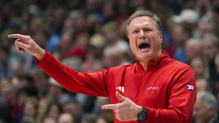 Feb 3, 2025; Lawrence, Kansas, USA; Kansas Jayhawks head coach Bill Self reacts during the first half against the Iowa State Cyclones at Allen Fieldhouse. Mandatory Credit: Jay Biggerstaff-Imagn Images Feb 3, 2025; Lawrence, Kansas, USA; Kansas Jayhawks head coach Bill Self reacts during the first half against the Iowa State Cyclones at Allen Fieldhouse. Mandatory Credit: Jay Biggerstaff-Imagn Images