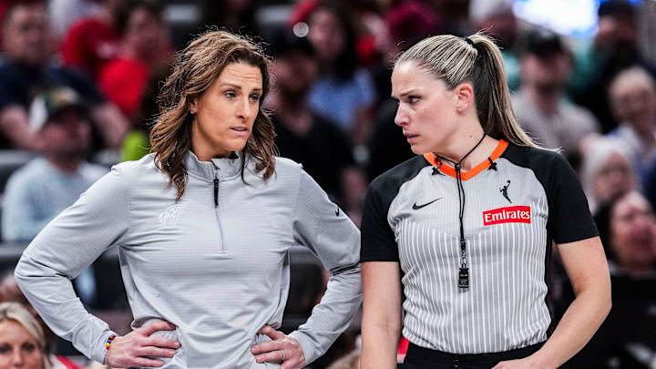 Indiana Fever head coach Stephanie White speaks with an official Saturday, May 3, 2025, during a preseason game between the Indiana Fever and the Washington Mystics at Gainbridge Fieldhouse in Indianapolis. Indiana Fever head coach Stephanie White speaks with an official Saturday, May 3, 2025, during a preseason game between the Indiana Fever and the Washington Mystics at Gainbridge Fieldhouse in Indianapolis.