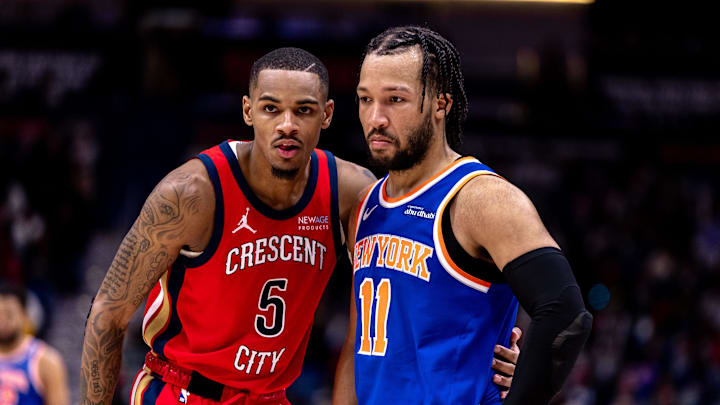 Dec 21, 2024; New Orleans, Louisiana, USA;  New Orleans Pelicans guard Dejounte Murray (5) stands by New York Knicks guard Jalen Brunson (11) as the ball is thrown inbounds during the second half at Smoothie King Center. Mandatory Credit: Stephen Lew-Imagn Images
