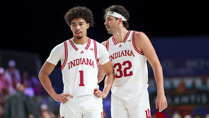 Nov 29, 2024; Paradise Island, Bahamas, BHS;  Indiana Hoosiers guard Myles Rice (1) and Indiana Hoosiers guard Trey Galloway (32) react against the Providence Friars during the first half at Imperial Arena at the Atlantis resort.  Mandatory Credit: Kevin Jairaj-Imagn Images