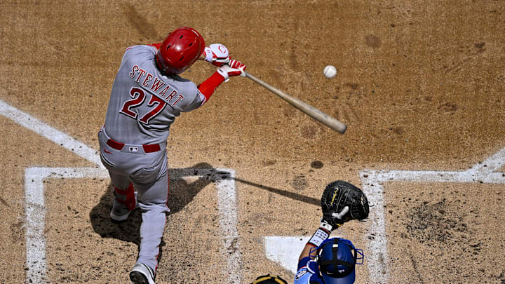 Apr 5, 2026; Arlington, Texas, USA; Cincinnati Reds first baseman Sal Stewart (27) bates against the Texas Rangers during the fourth inning at Globe Life Field. Mandatory Credit: Jerome Miron-Imagn Images
