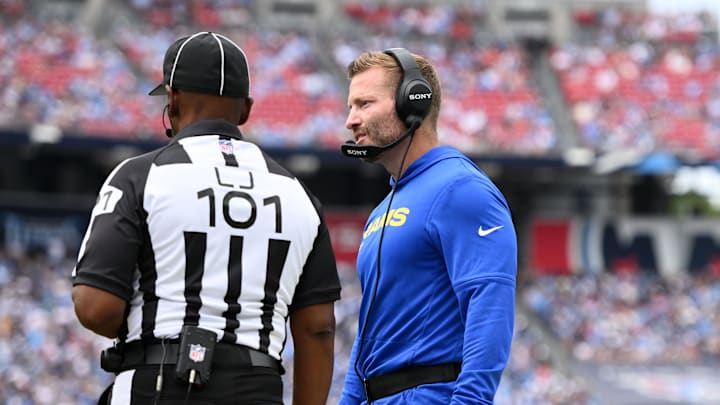 Sep 14, 2025; Nashville, Tennessee, USA; Los Angeles Rams head coach Sean McVay during the second half at Nissan Stadium. Mandatory Credit: Steve Roberts-Imagn Images