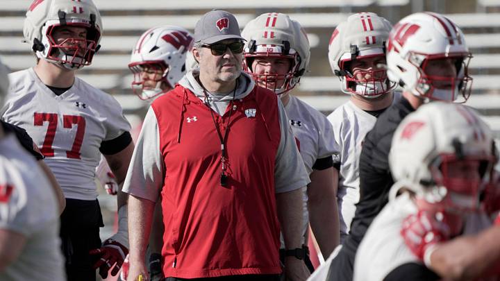 Wisconsin offensive coordinator Jeff Grimes is shown during spring football practice Tuesday, April 21, 2026 at Camp Randall Stadium in Madison, Wisconsin.