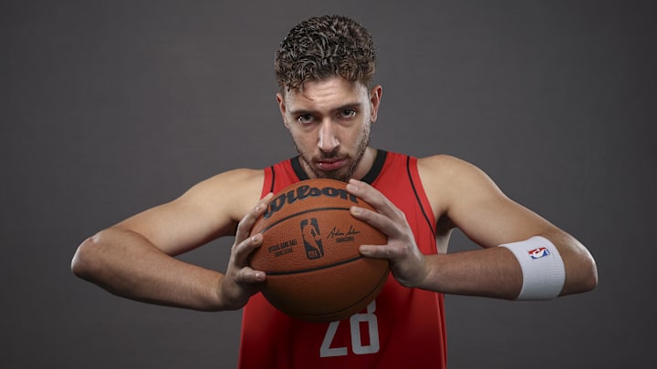 Sep 30, 2024; Houston, TX, USA; Houston Rockets center Alperen Sengun (28) during Houston Rockets media day. Mandatory Credit: Troy Taormina-Imagn Images Sep 30, 2024; Houston, TX, USA; Houston Rockets center Alperen Sengun (28) during Houston Rockets media day. Mandatory Credit: Troy Taormina-Imagn Images