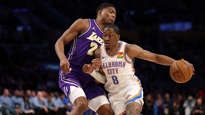 Feb 9, 2026; Los Angeles, California, USA;  Oklahoma City Thunder guard Jalen Williams (8) dribbles the ball against Los Angeles Lakers forward Rui Hachimura (28) during the first quarter at Crypto.com Arena. Mandatory Credit: Kiyoshi Mio-Imagn Images