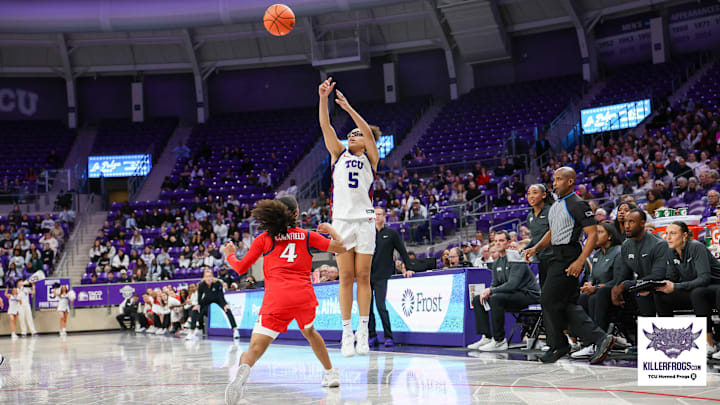 TCU guard Olivia Miles shoots a 3-pointer against Arizona. 