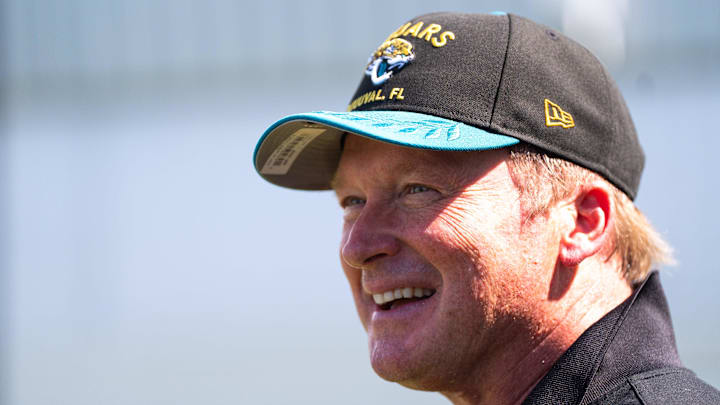 Former NFL Coache Jon Gruden have a laugh while attending an NFL training camp session ten at the Miller Electric Center, Tuesday, Aug. 5, 2025, in Jacksonville, Fla. [Doug Engle/Florida Times-Union]