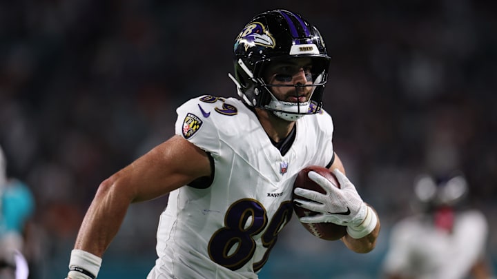 Oct 30, 2025; Miami Gardens, Florida, USA; Baltimore Ravens tight end Mark Andrews (89) runs into the end zone for a touchdown during the second quarter against the Miami Dolphins at Hard Rock Stadium. 